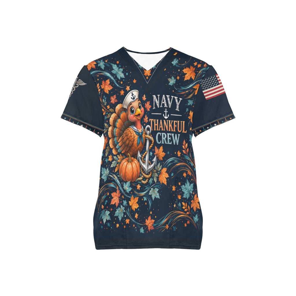 Thankful Crew — Navy Thanksgiving All-Over Print Scrub Top