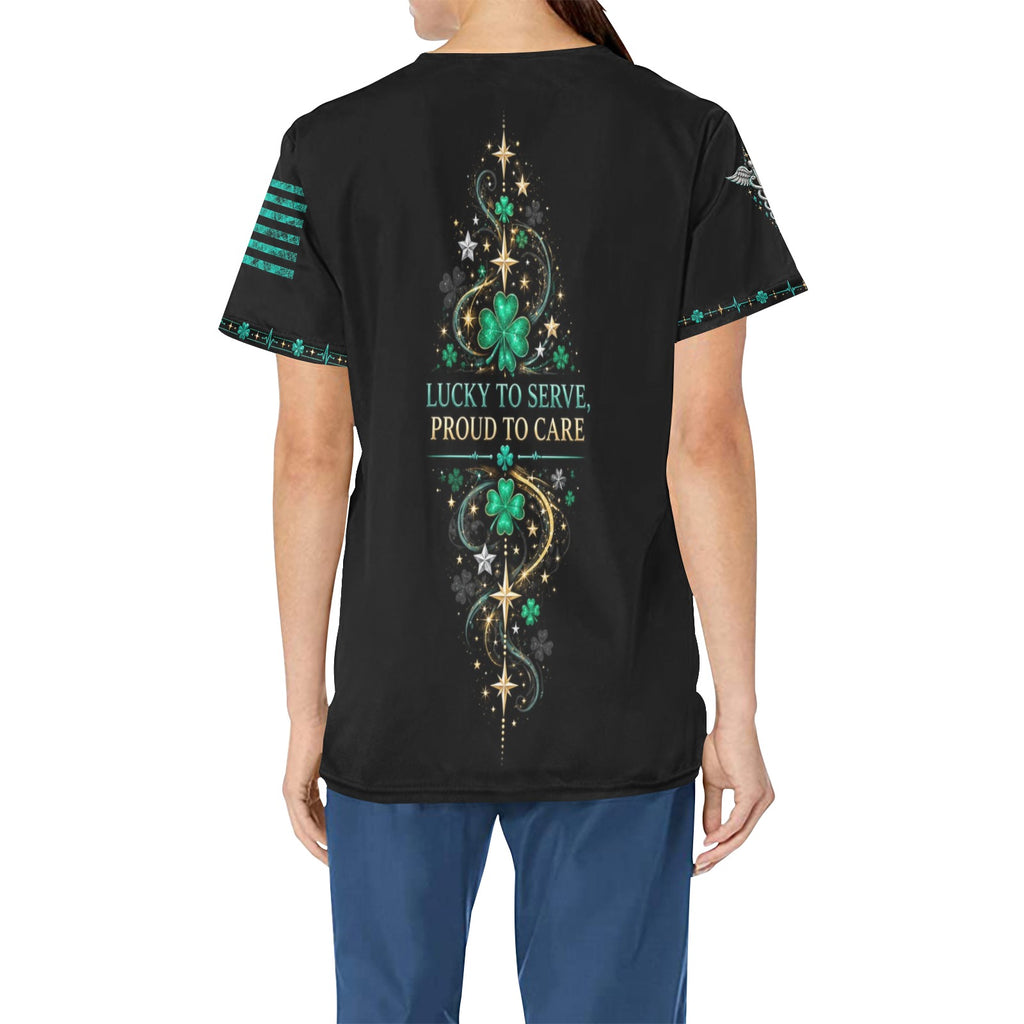 Lucky Duty Crew — Respiratory St. Patrick's Day All-Over Print Scrub Top