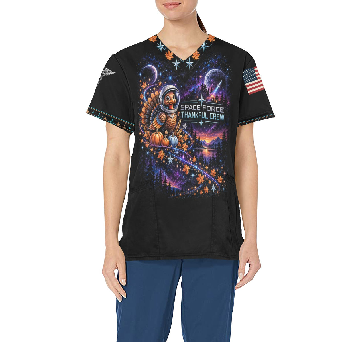 Thankful Crew — Space Force Thanksgiving All-Over Print Scrub Top