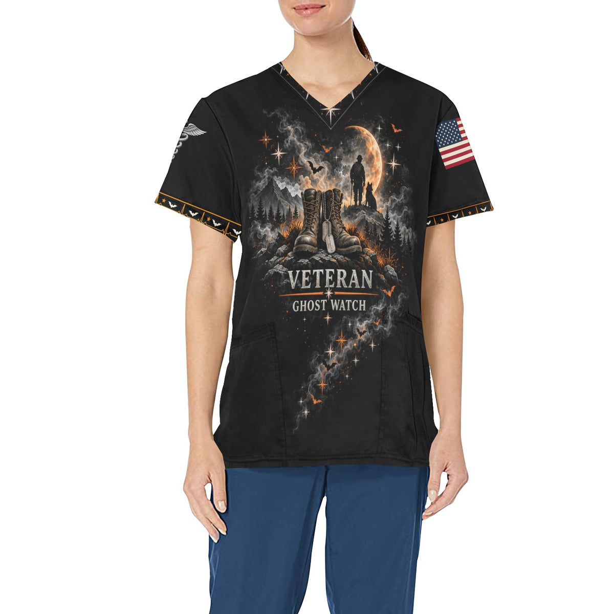 Ghost Watch — Veteran Halloween All-Over Print Scrub Top