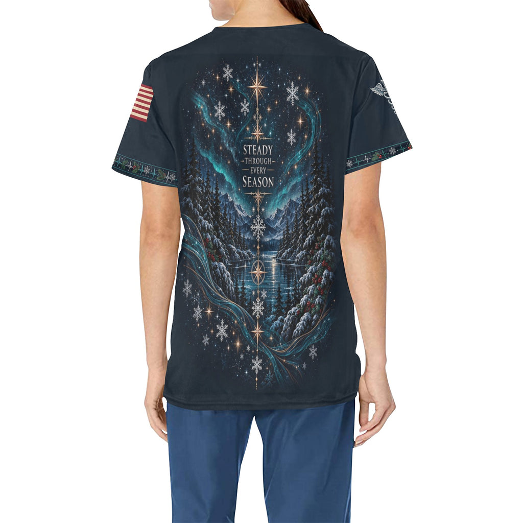 Evergreen Resolve — Navy Christmas All-Over Print Scrub Top