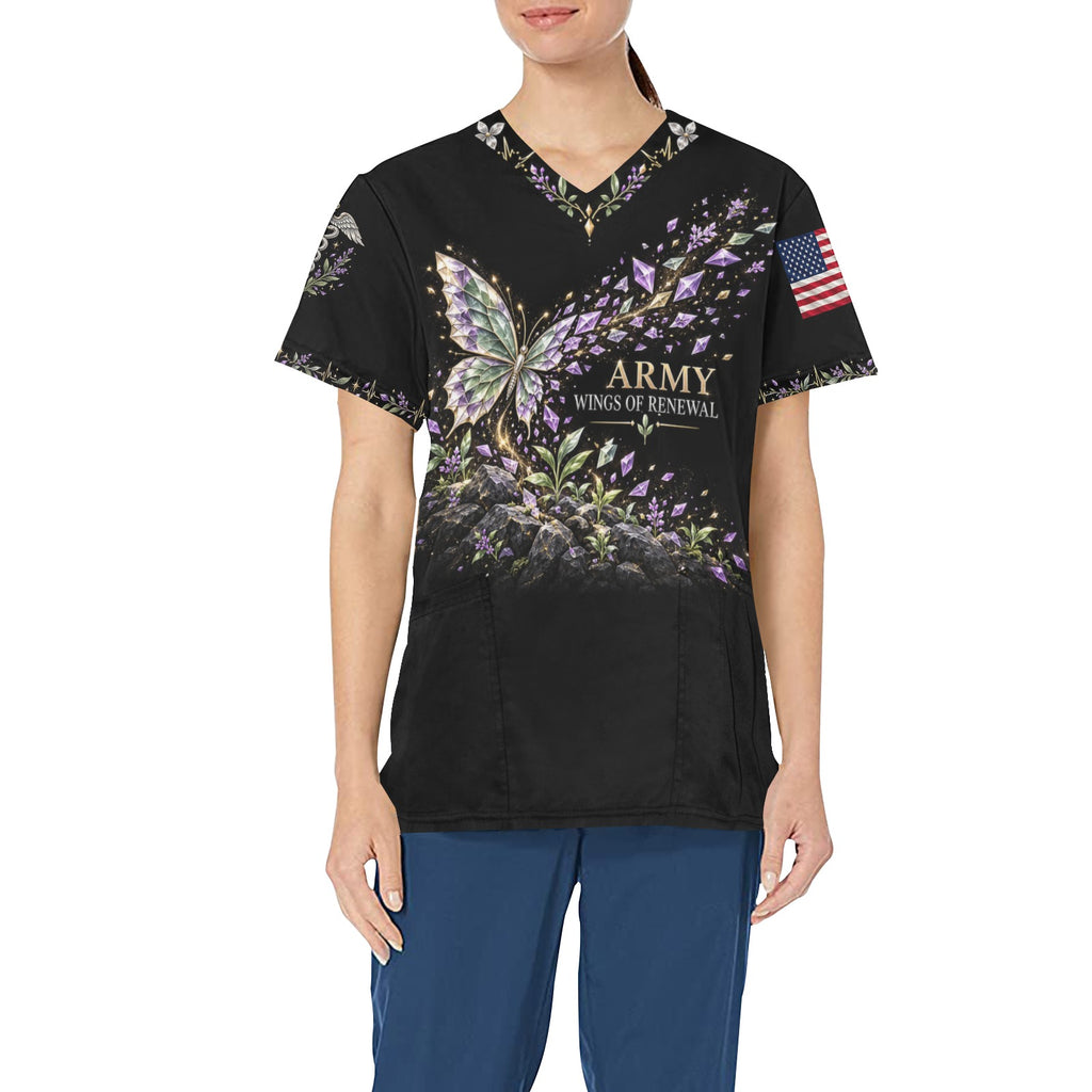 Wings of Renewal — Army Easter All-Over Print Scrub Top