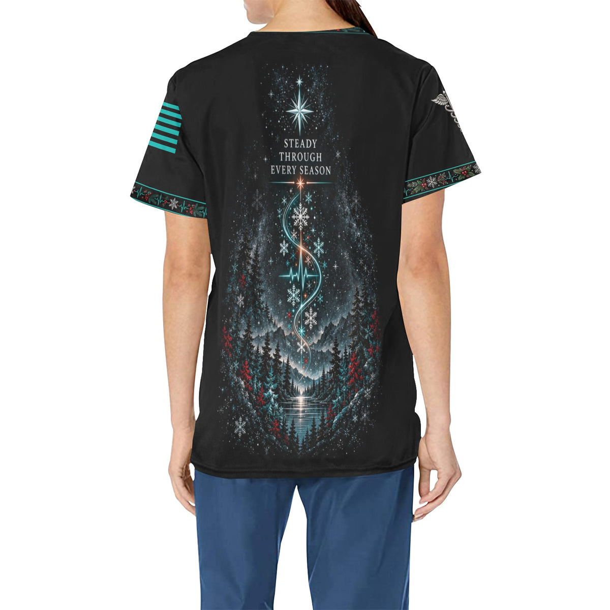 Evergreen Resolve — Respiratory Christmas All-Over Print Scrub Top