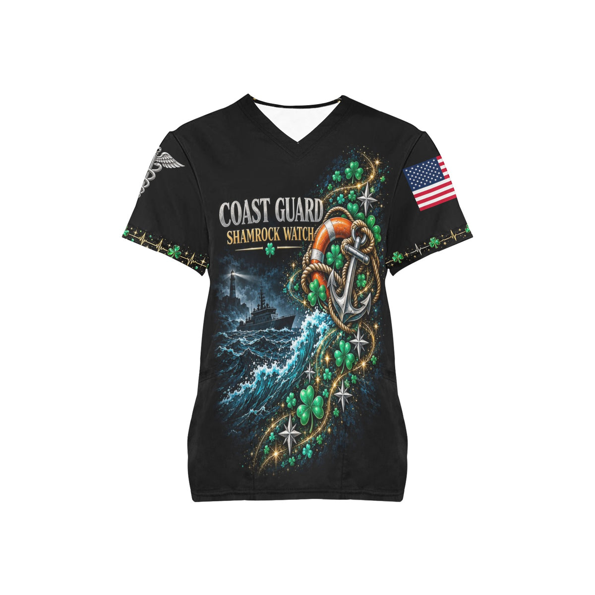 Shamrock Watch — Coast Guard St. Patrick's Day All-Over Print Scrub Top