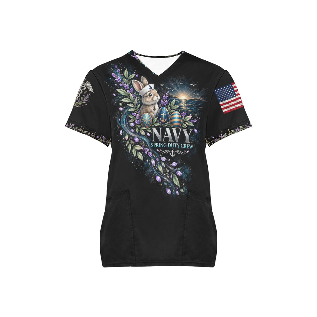 Spring Duty Crew — Navy Easter All-Over Print Scrub Top