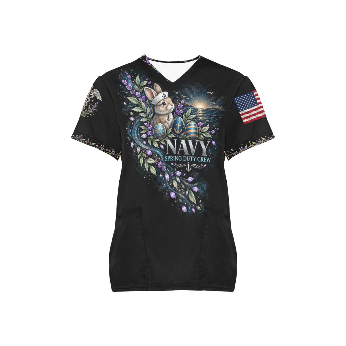 Spring Duty Crew — Navy Easter All-Over Print Scrub Top