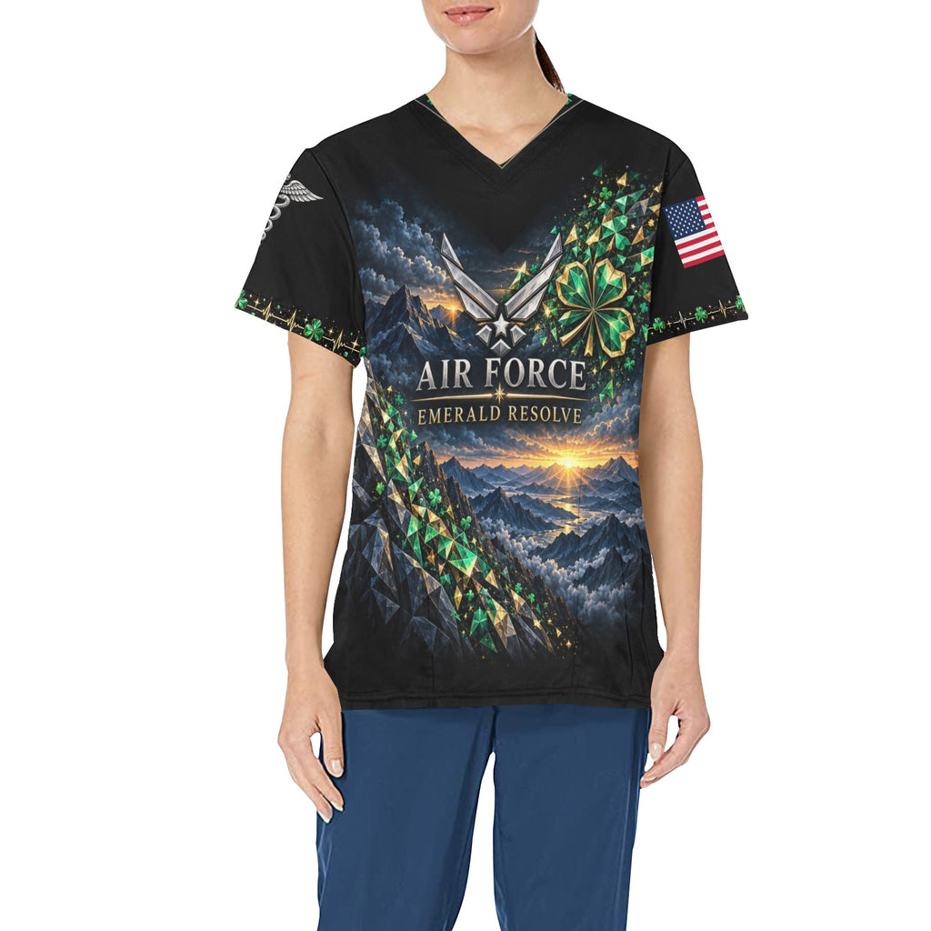 Emerald Resolve — Air Force St. Patrick's Day All-Over Print Scrub Top